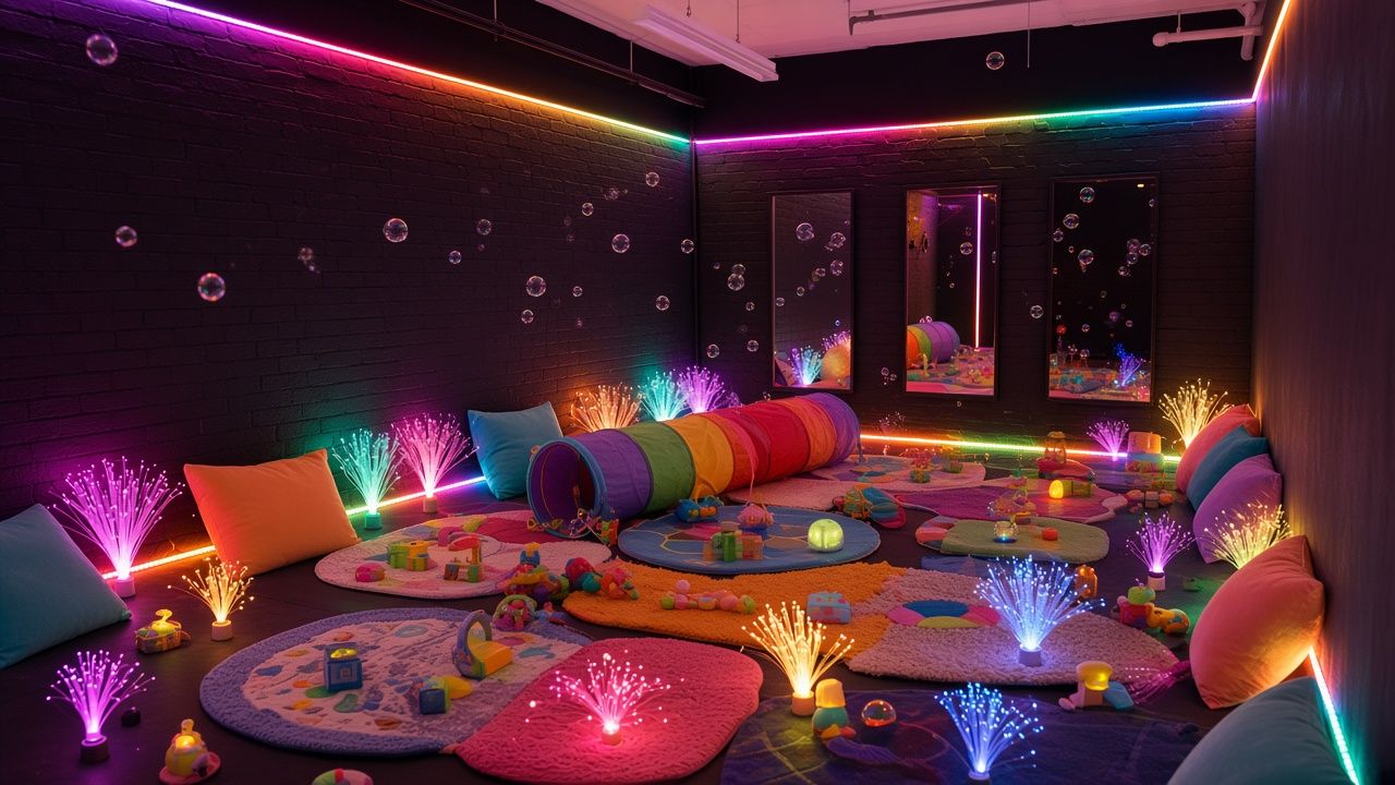 Concept visual: rainbow-lit sensory room with a play tunnel and cushions